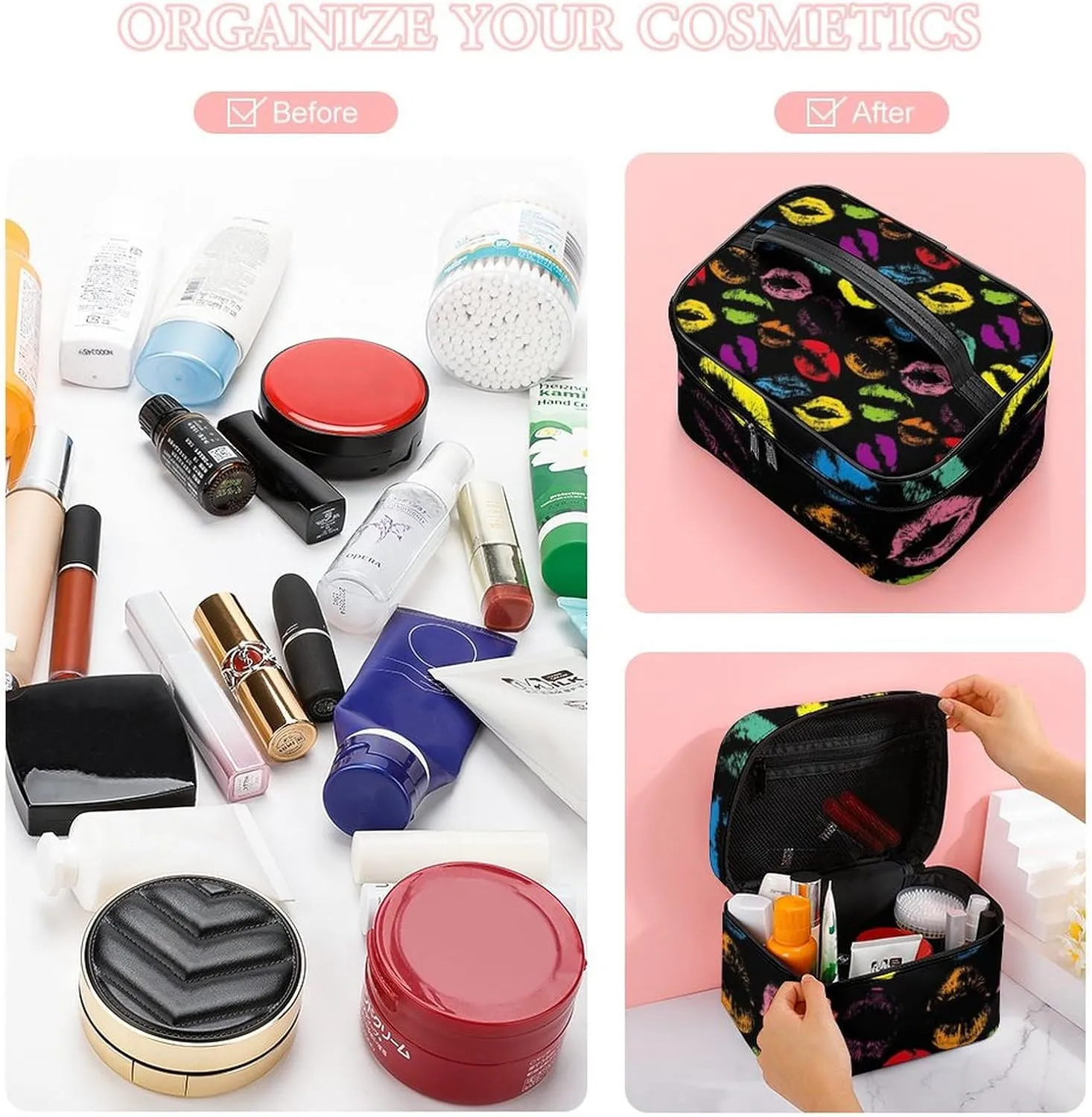 Women's Large Makeup Bag, Portable Cosmetic Brush Bags Valentines Colorful Lips Print Makeup Organizer Case Travel Toiletry Accessories