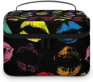 Women's Large Makeup Bag, Portable Cosmetic Brush Bags Valentines Colorful Lips Print Makeup Organizer Case Travel Toiletry Accessories
