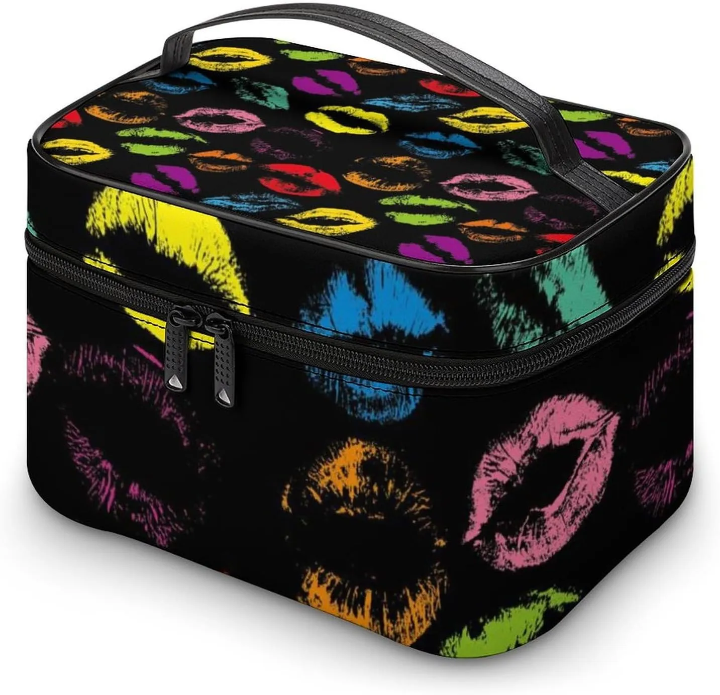 Women's Large Makeup Bag, Portable Cosmetic Brush Bags Valentines Colorful Lips Print Makeup Organizer Case Travel Toiletry Accessories
