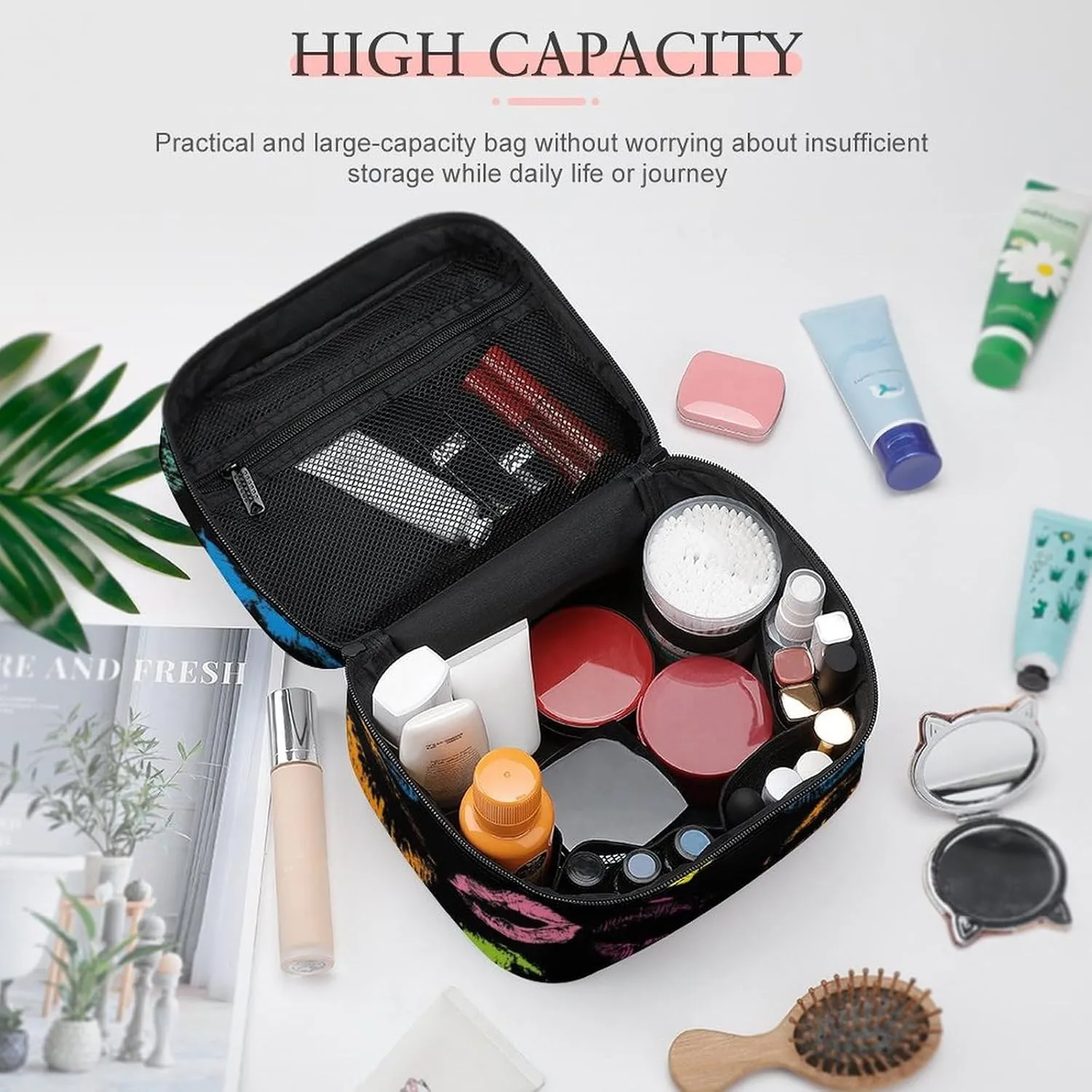 Women's Large Makeup Bag, Portable Cosmetic Brush Bags Valentines Colorful Lips Print Makeup Organizer Case Travel Toiletry Accessories