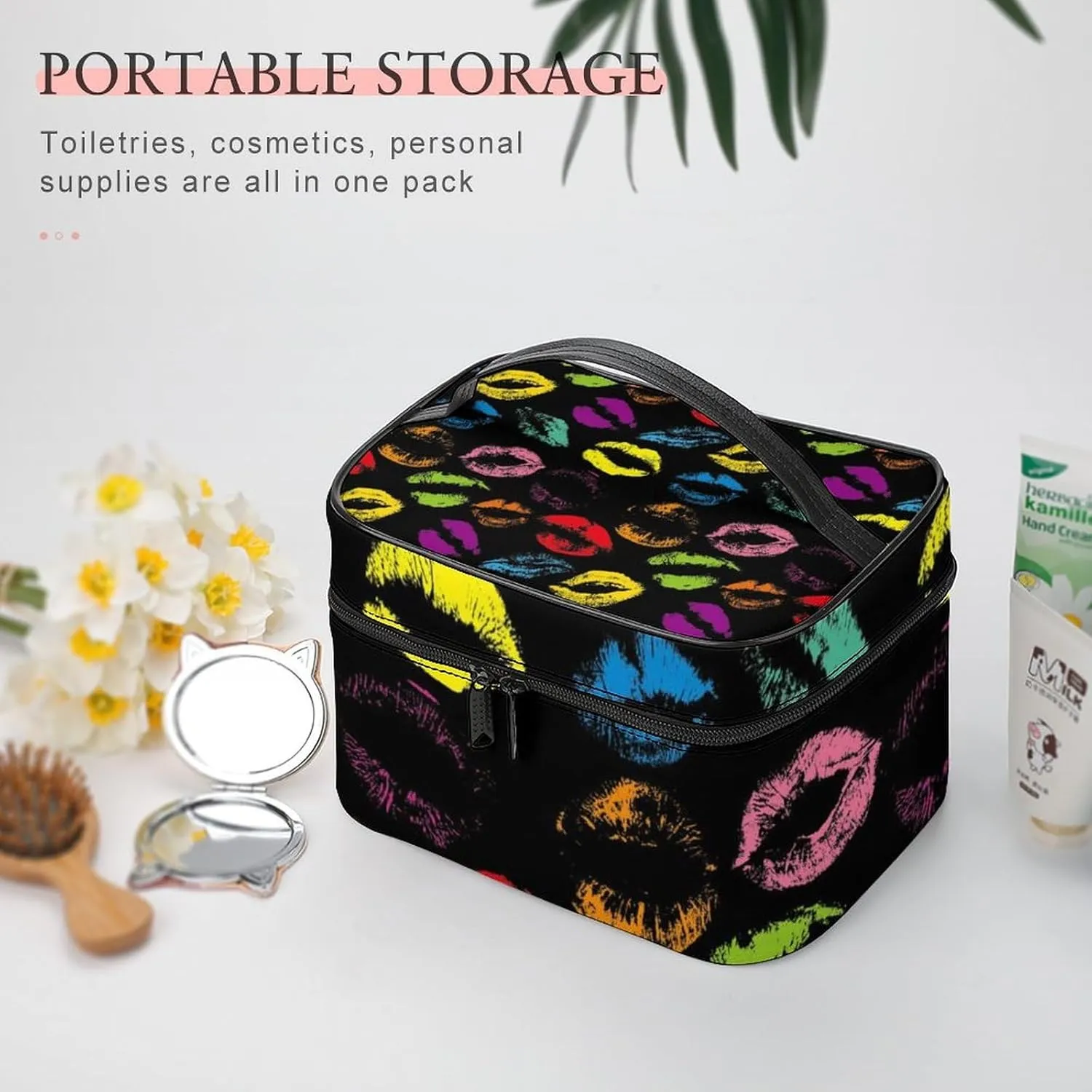 Women's Large Makeup Bag, Portable Cosmetic Brush Bags Valentines Colorful Lips Print Makeup Organizer Case Travel Toiletry Accessories