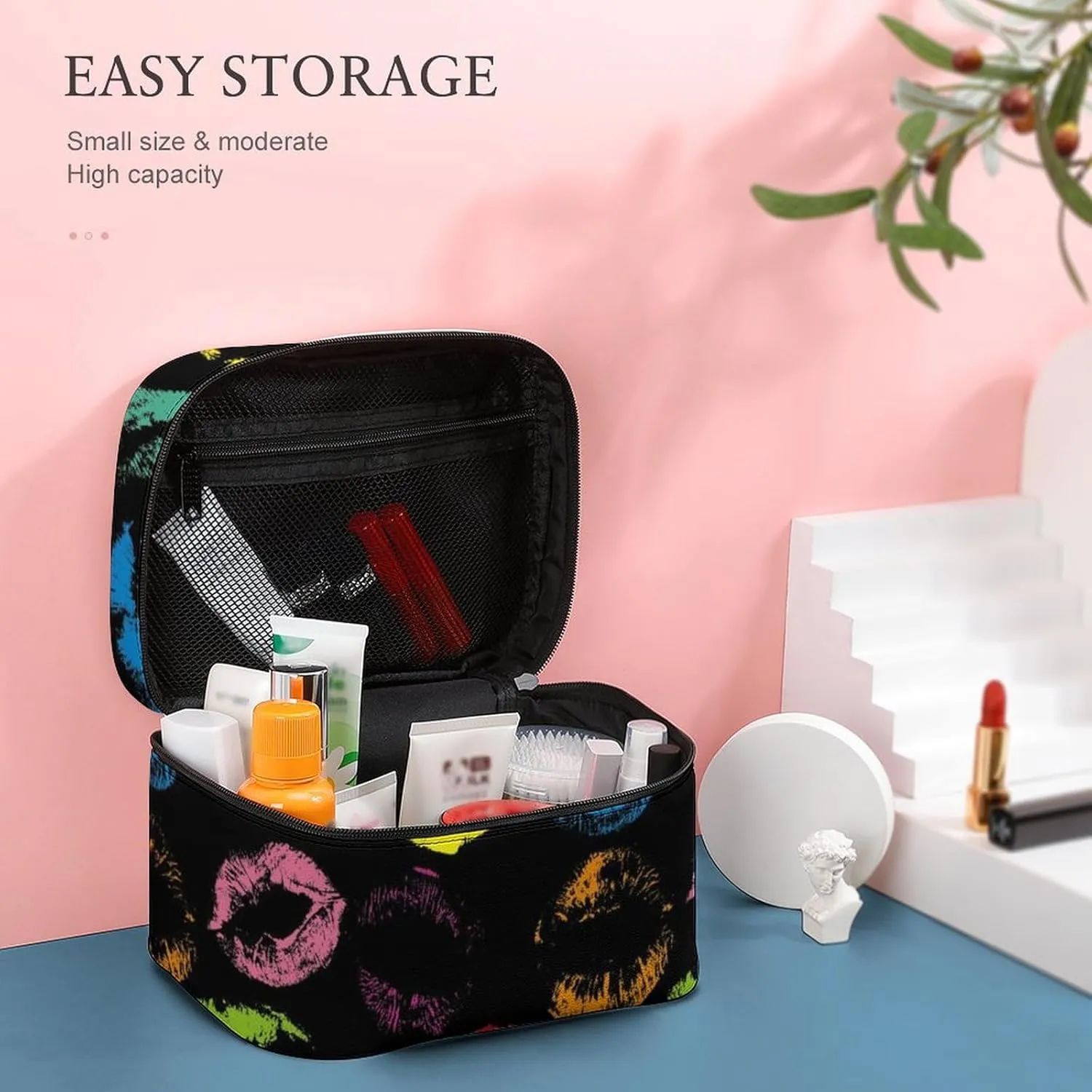 Women's Large Makeup Bag, Portable Cosmetic Brush Bags Valentines Colorful Lips Print Makeup Organizer Case Travel Toiletry Accessories