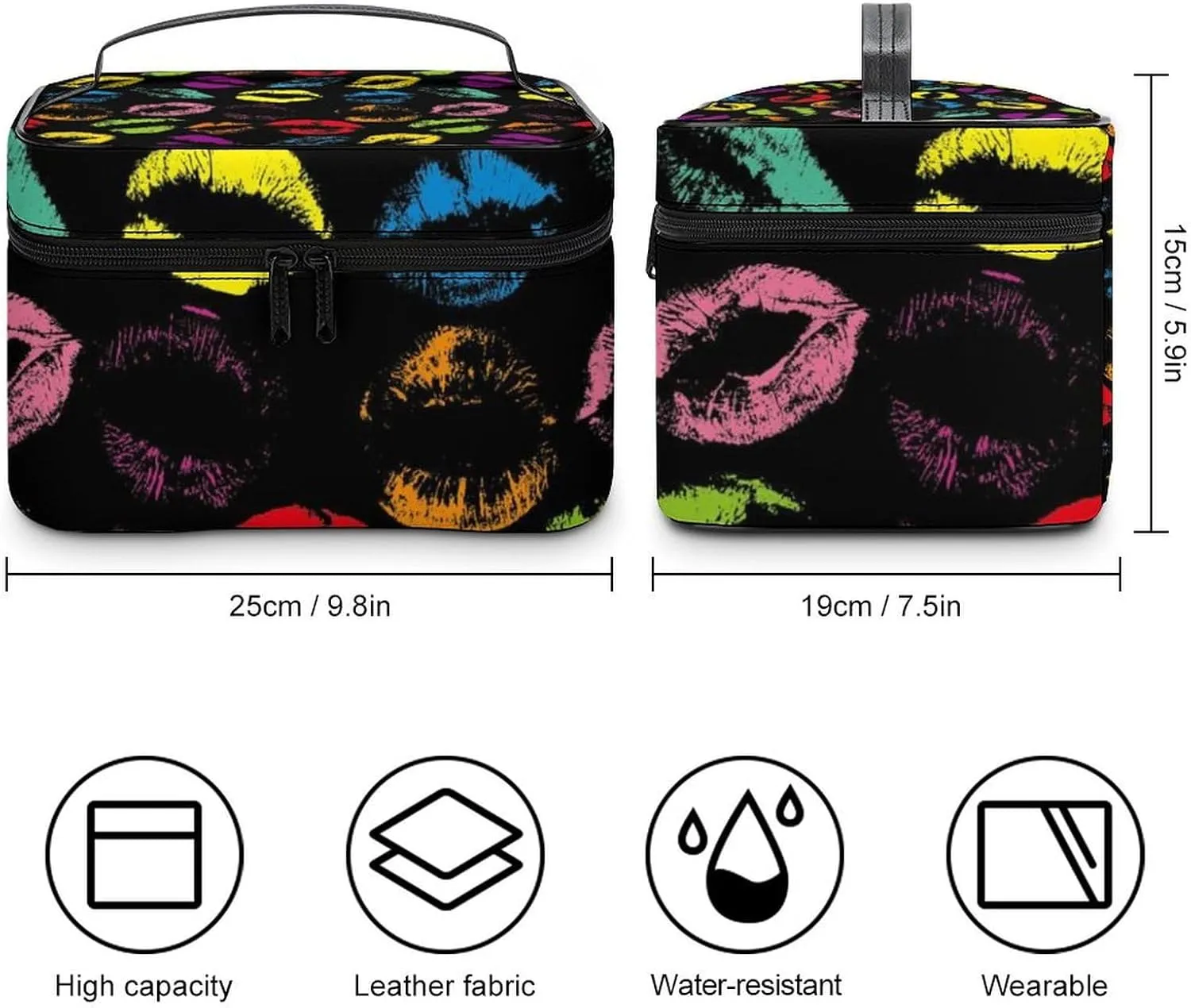 Women's Large Makeup Bag, Portable Cosmetic Brush Bags Valentines Colorful Lips Print Makeup Organizer Case Travel Toiletry Accessories