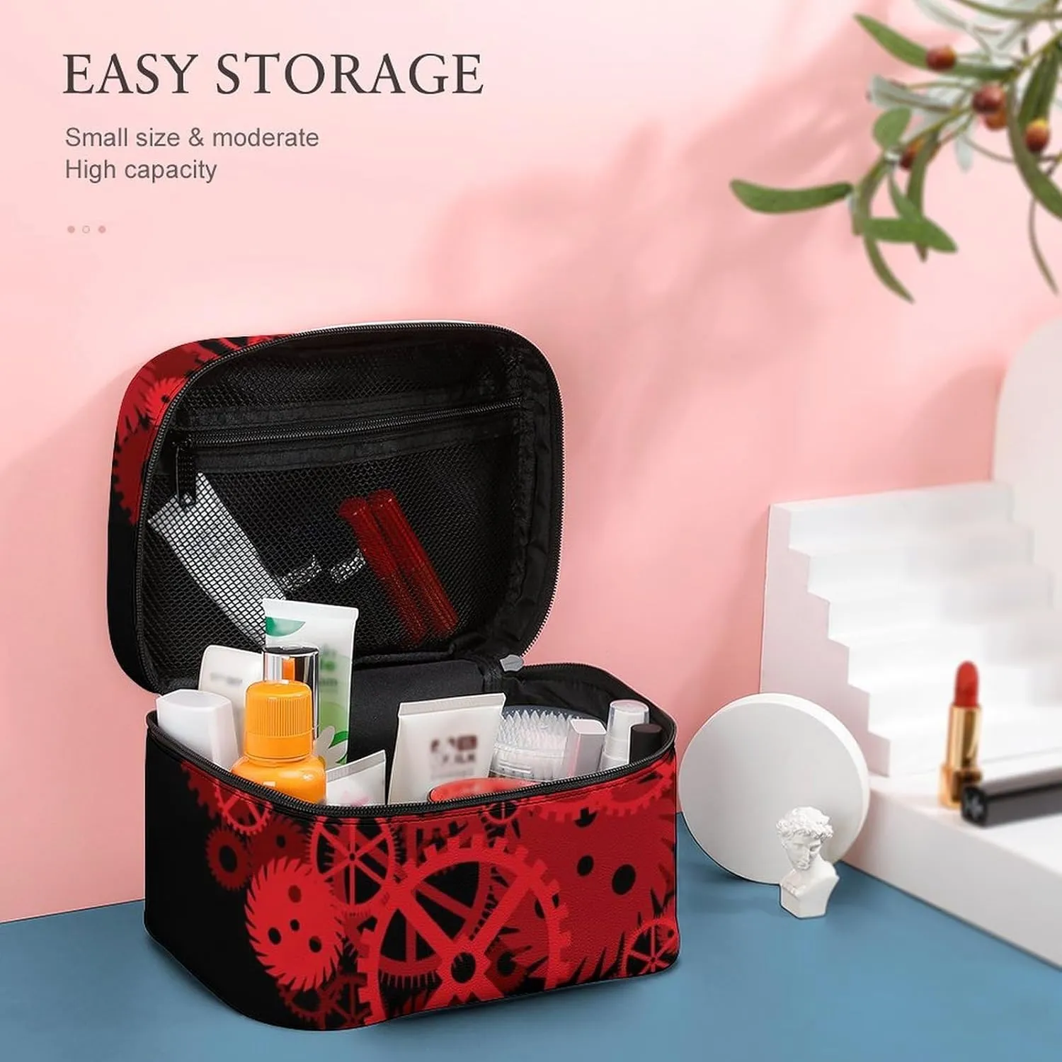 Women's Valentines Steampunk Gears Love Heart Cosmetic Storage Bag, Large Capacity Makeup Case with Handle Portable Travel Toiletry Organizer Bag