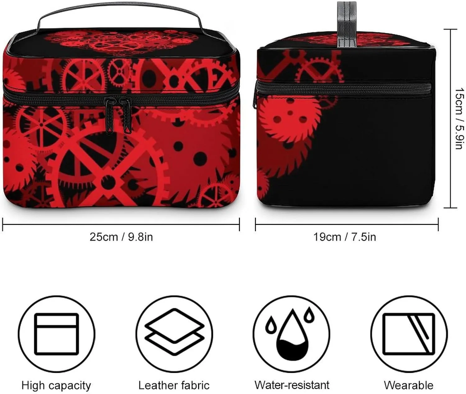 Women's Valentines Steampunk Gears Love Heart Cosmetic Storage Bag, Large Capacity Makeup Case with Handle Portable Travel Toiletry Organizer Bag