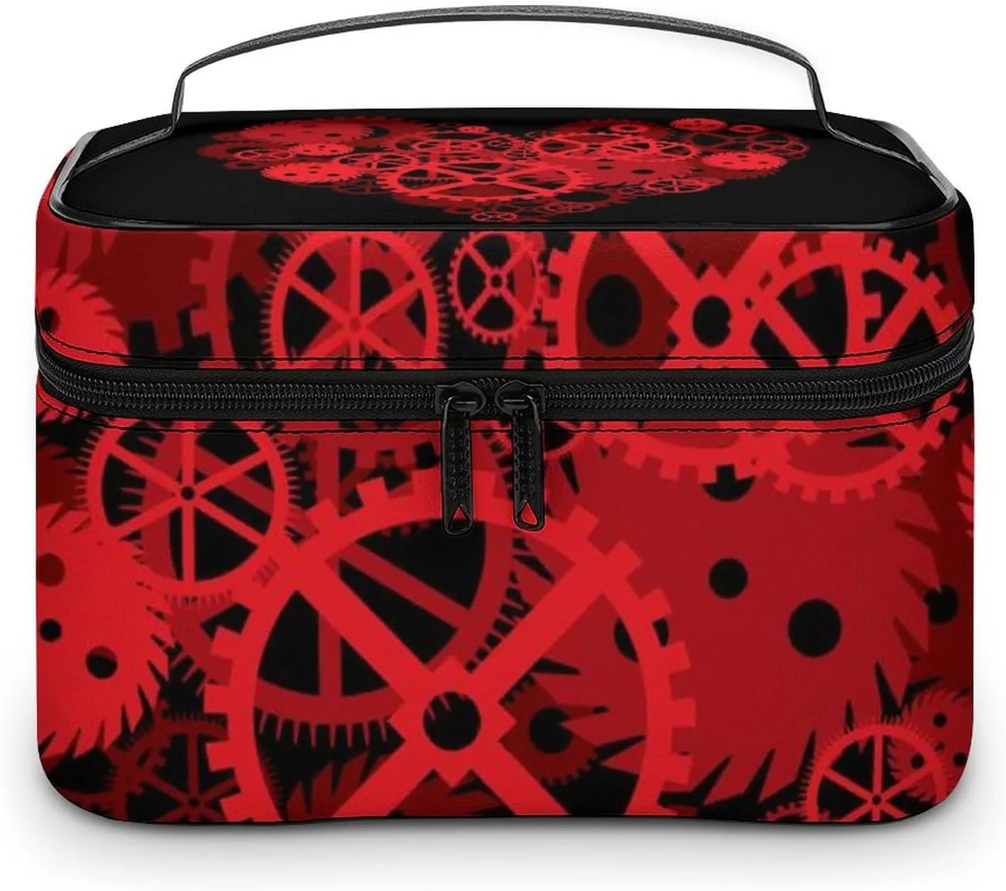 Women's Valentines Steampunk Gears Love Heart Cosmetic Storage Bag, Large Capacity Makeup Case with Handle Portable Travel Toiletry Organizer Bag