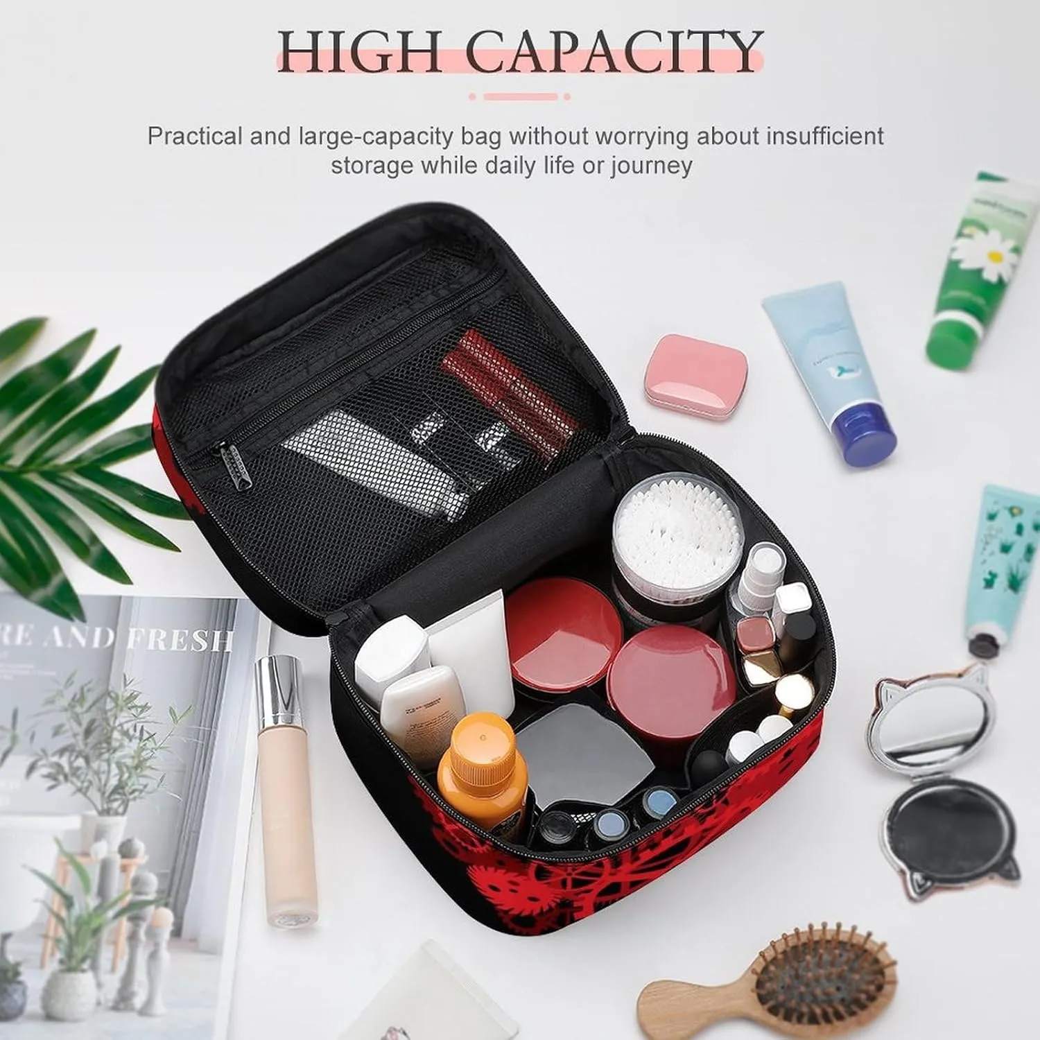 Women's Valentines Steampunk Gears Love Heart Cosmetic Storage Bag, Large Capacity Makeup Case with Handle Portable Travel Toiletry Organizer Bag