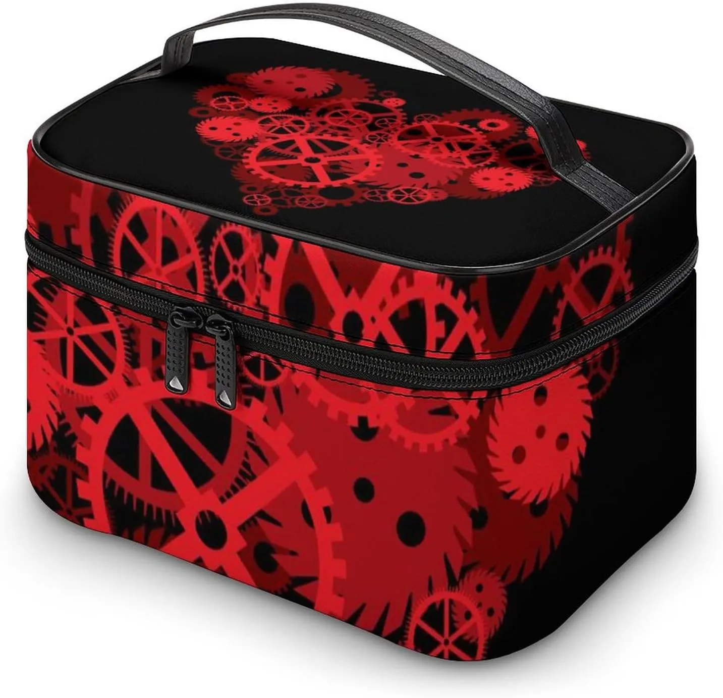 Women's Valentines Steampunk Gears Love Heart Cosmetic Storage Bag, Large Capacity Makeup Case with Handle Portable Travel Toiletry Organizer Bag