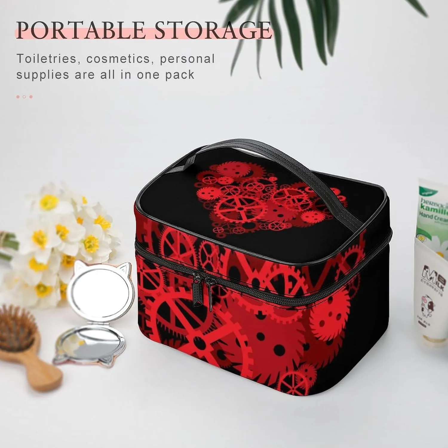 Women's Valentines Steampunk Gears Love Heart Cosmetic Storage Bag, Large Capacity Makeup Case with Handle Portable Travel Toiletry Organizer Bag