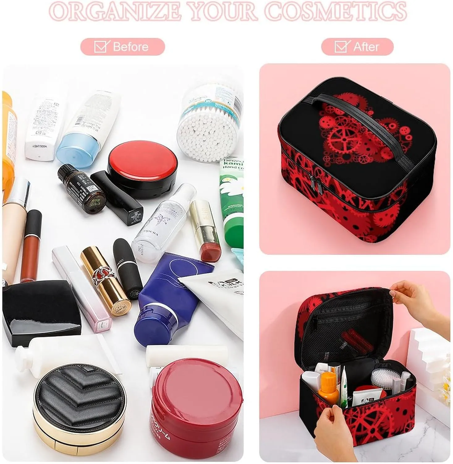 Women's Valentines Steampunk Gears Love Heart Cosmetic Storage Bag, Large Capacity Makeup Case with Handle Portable Travel Toiletry Organizer Bag