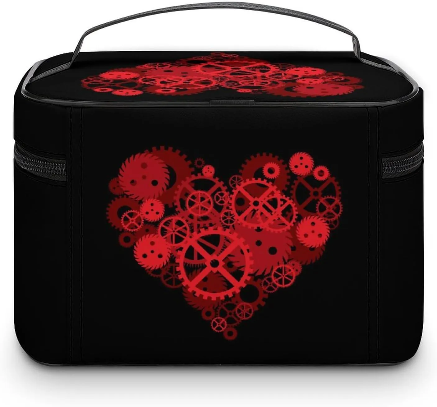 Women's Valentines Steampunk Gears Love Heart Cosmetic Storage Bag, Large Capacity Makeup Case with Handle Portable Travel Toiletry Organizer Bag