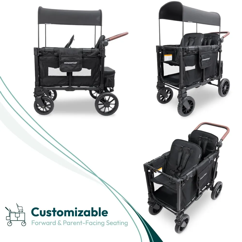 WONDERFOLD W2 Luxe Pro Stroller Wagon (2 Seater) - Collapsible Wagon Stroller with Seats Featuring 5-Point Safety Harnesses and Adjustable Sun Canopy, Jet Black