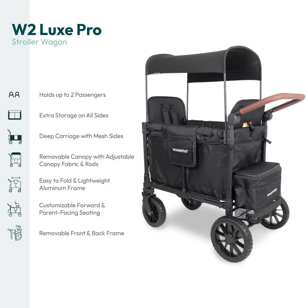 WONDERFOLD W2 Luxe Pro Stroller Wagon (2 Seater) - Collapsible Wagon Stroller with Seats Featuring 5-Point Safety Harnesses and Adjustable Sun Canopy, Jet Black