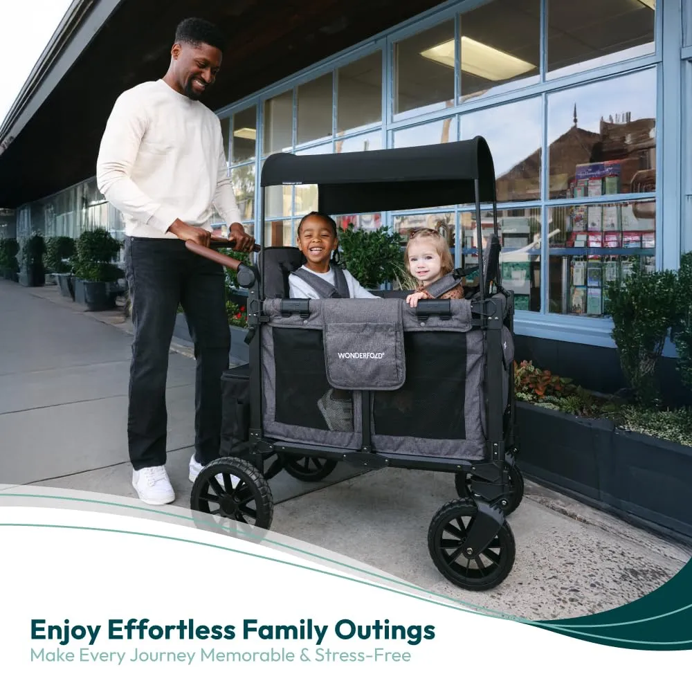WONDERFOLD W2 Luxe Pro Stroller Wagon (2 Seater) - Collapsible Wagon Stroller with Seats Featuring 5-Point Safety Harnesses and Adjustable Sun Canopy, Jet Black