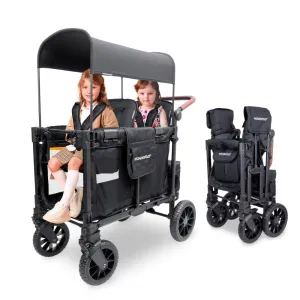 WONDERFOLD W2 Luxe Pro Stroller Wagon (2 Seater) - Collapsible Wagon Stroller with Seats Featuring 5-Point Safety Harnesses and Adjustable Sun Canopy, Jet Black