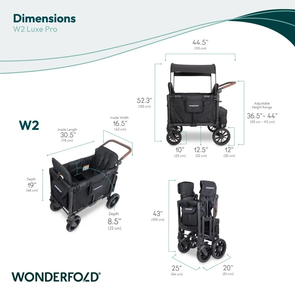 WONDERFOLD W2 Luxe Pro Stroller Wagon (2 Seater) - Collapsible Wagon Stroller with Seats Featuring 5-Point Safety Harnesses and Adjustable Sun Canopy, Jet Black
