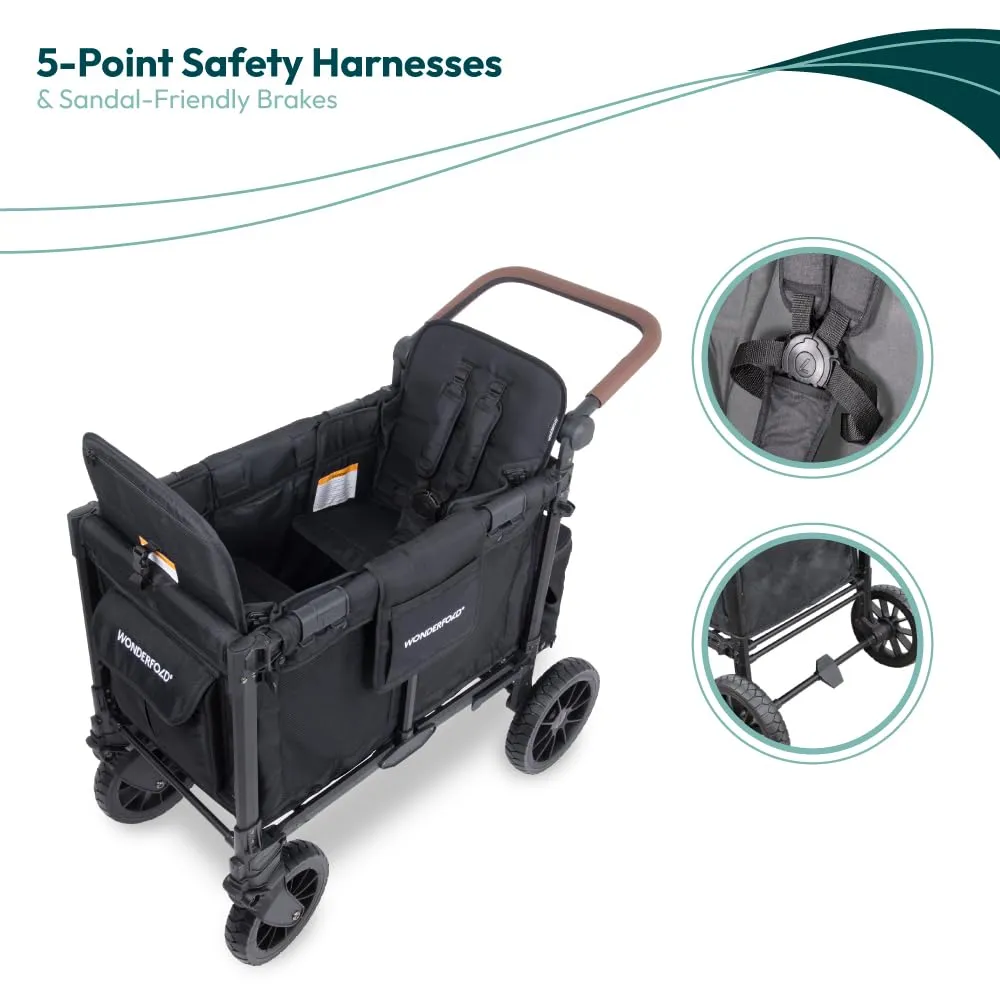 WONDERFOLD W2 Luxe Pro Stroller Wagon (2 Seater) - Collapsible Wagon Stroller with Seats Featuring 5-Point Safety Harnesses and Adjustable Sun Canopy, Jet Black