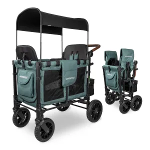 WONDERFOLD W2 Luxe Stroller Wagon (2 Seater) - Collapsible Wagon Stroller with Seats with Magnetic Buckle 5-Point Harnesses and Adjustable Sun Canopy, Hunter Green