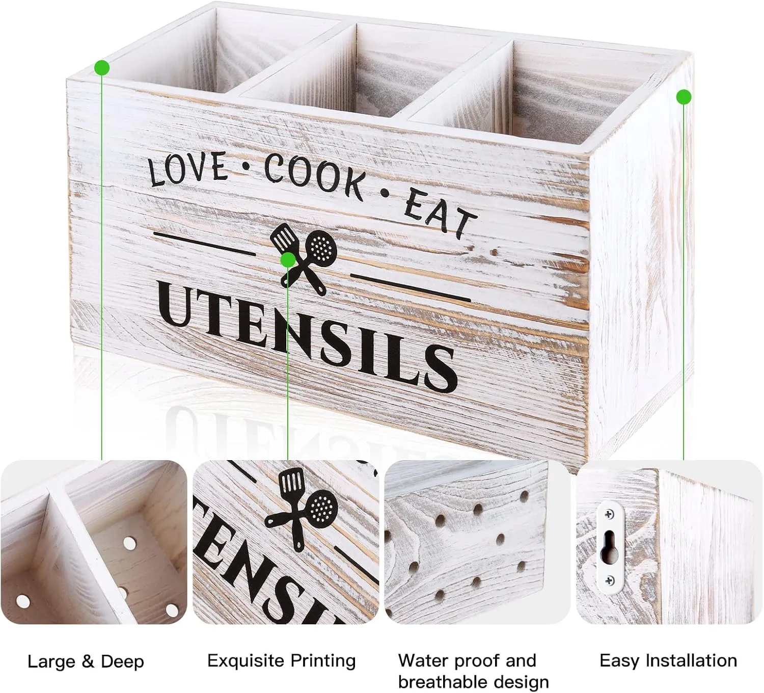 Wood Kitchen Utensil Caddy with 3 Compartments, Rustic Farmhouse Style, Ideal for Storage and Organization, White