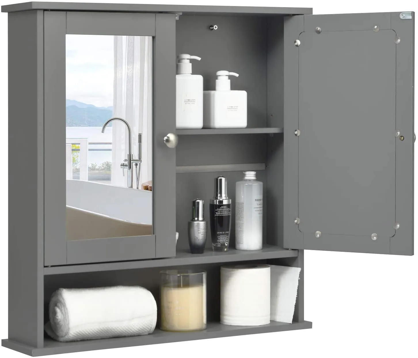 Wooden Hanging Medicine Organizer with Mirror and Adjustable Shelf
