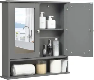 Wooden Hanging Medicine Organizer with Mirror and Adjustable Shelf