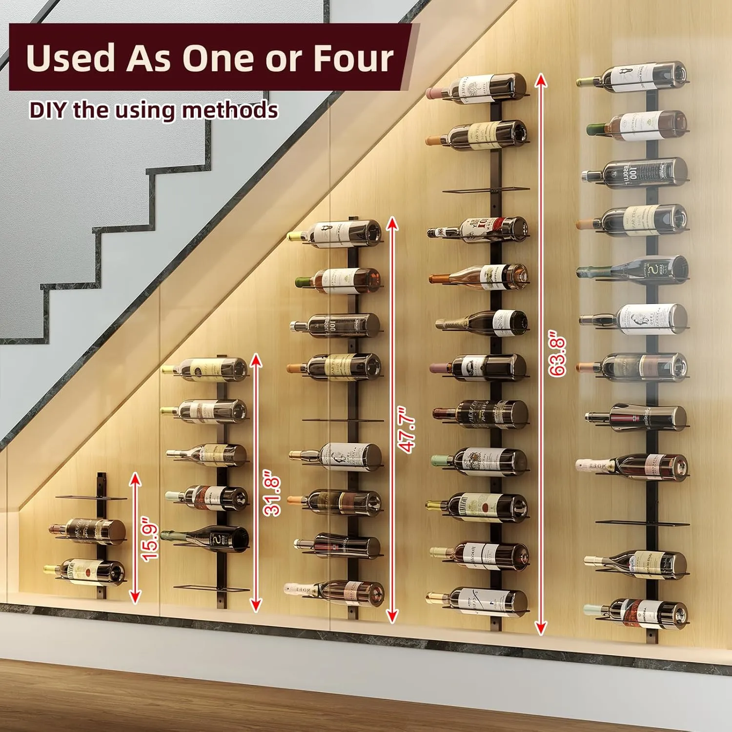 X-cosrack 12 Bottle Wall-Mounted Wine Rack, Detachable Storage Organizer Used as One or Four, DIY Wall Hanging Bottle Holder, for Dining Room, Bar, Wine Cellar