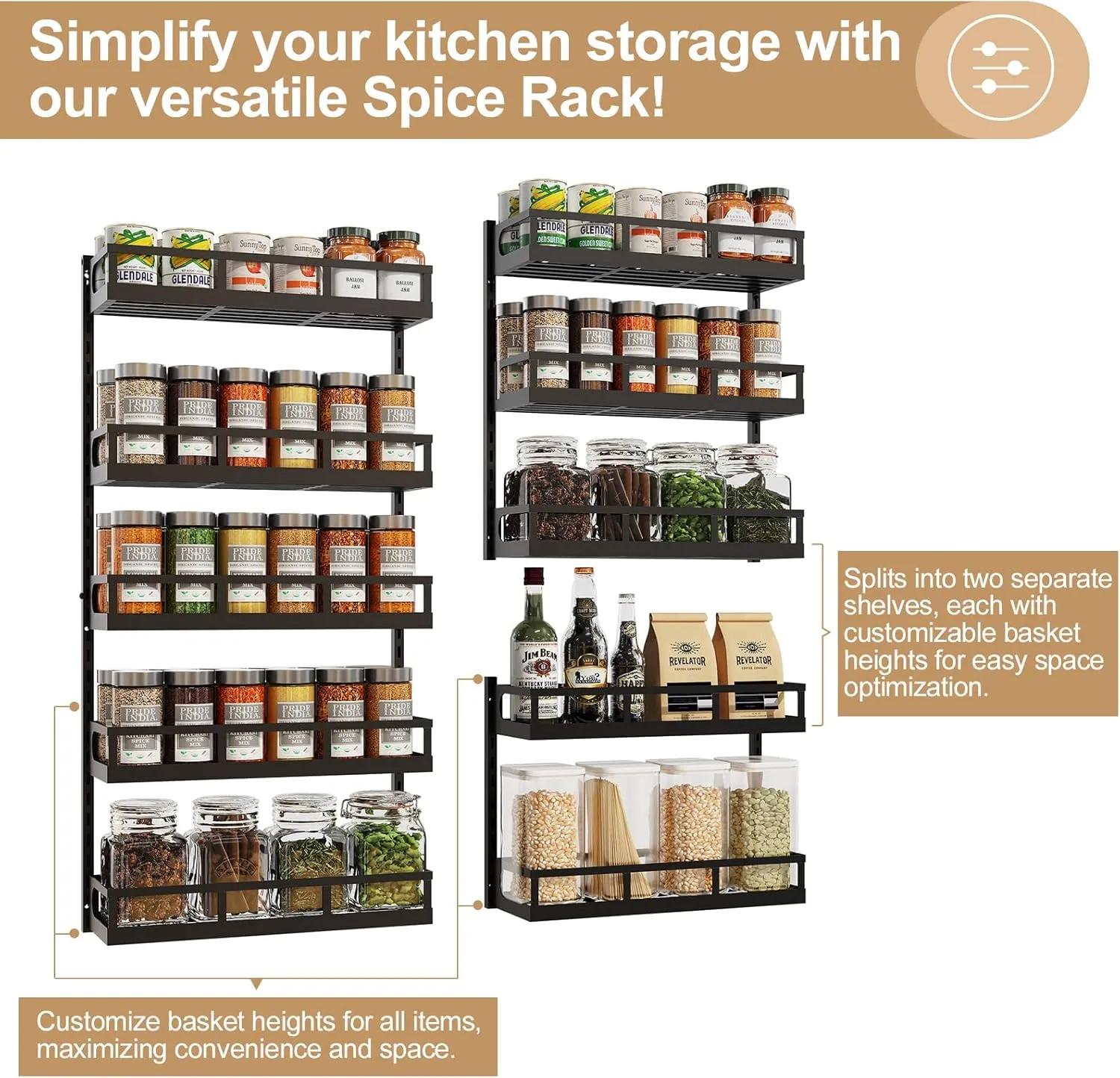 X-cosrack Wall Mount Spice Rack Organizer 5 Tier Height-Adjustable Hanging Spice Shelf Storage for Kitchen Pantry Cabinet, Dual-Use Seasoning Holder Rack with Hooks, Black-Patented