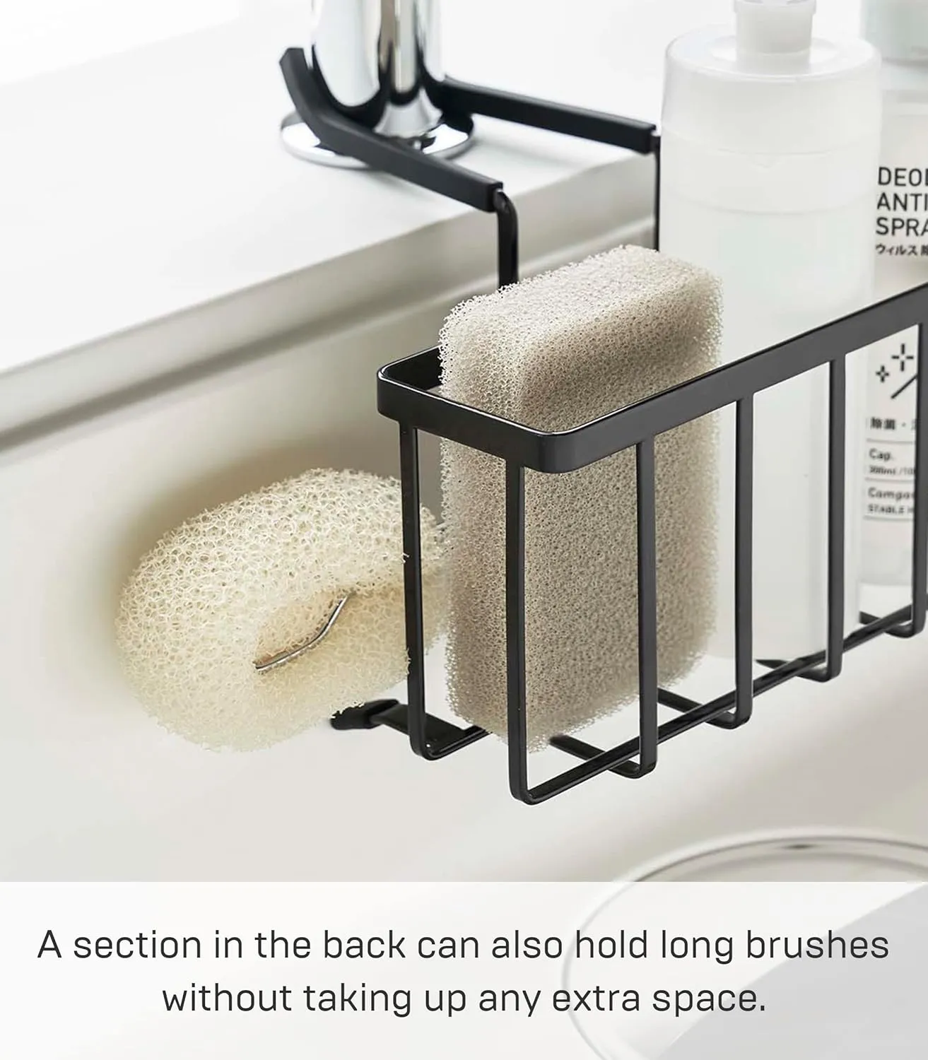 Yamazaki Home Tower Faucet-Hanging Sponge Caddy Kitchen Sink Dish Soap Bottle Brush Scrubber Organizer Holder, Metal with Silicone Protection - Steel