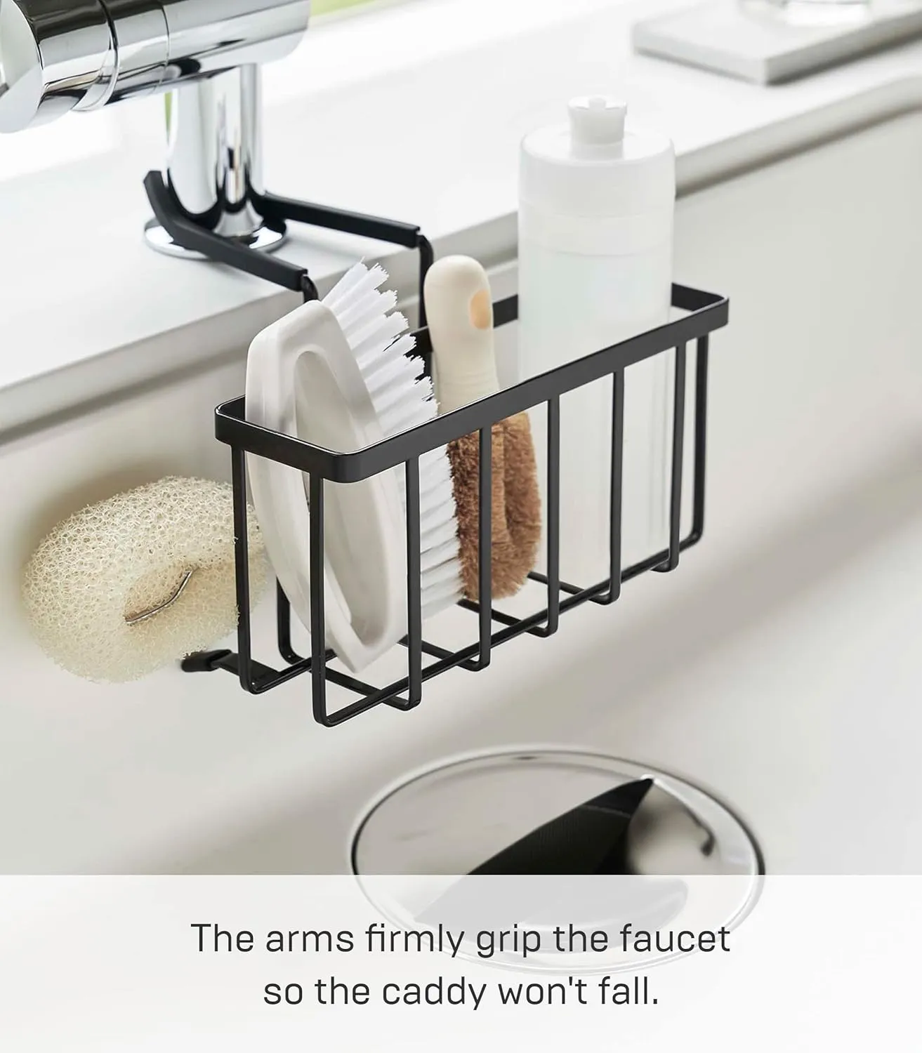 Yamazaki Home Tower Faucet-Hanging Sponge Caddy Kitchen Sink Dish Soap Bottle Brush Scrubber Organizer Holder, Metal with Silicone Protection - Steel