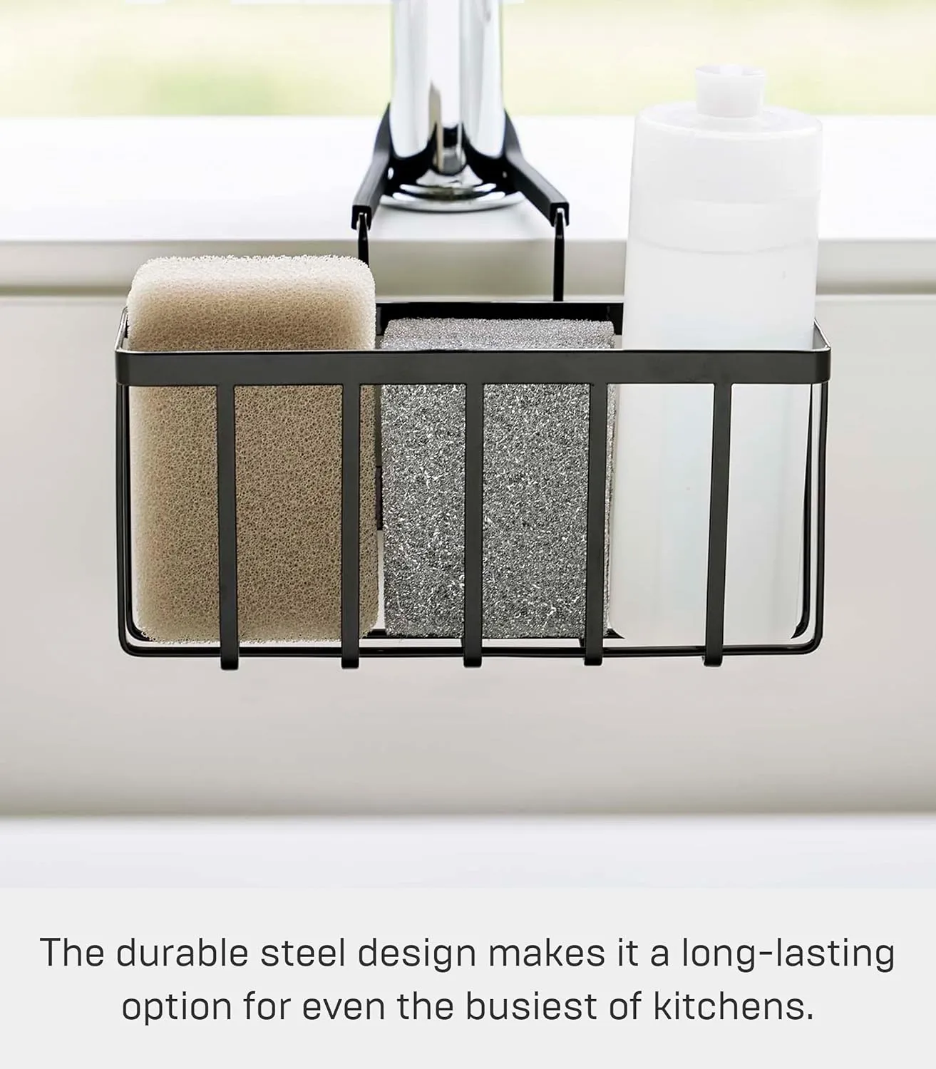 Yamazaki Home Tower Faucet-Hanging Sponge Caddy Kitchen Sink Dish Soap Bottle Brush Scrubber Organizer Holder, Metal with Silicone Protection - Steel