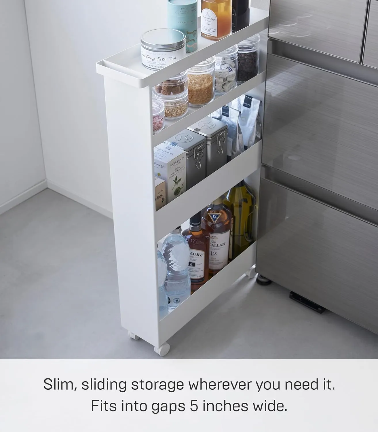Yamazaki Home Tower Slim 4-Tier Rolling Storage Cart – Mobile Organizer for Kitchen Or Bathroom, 31.7" - Steel -
