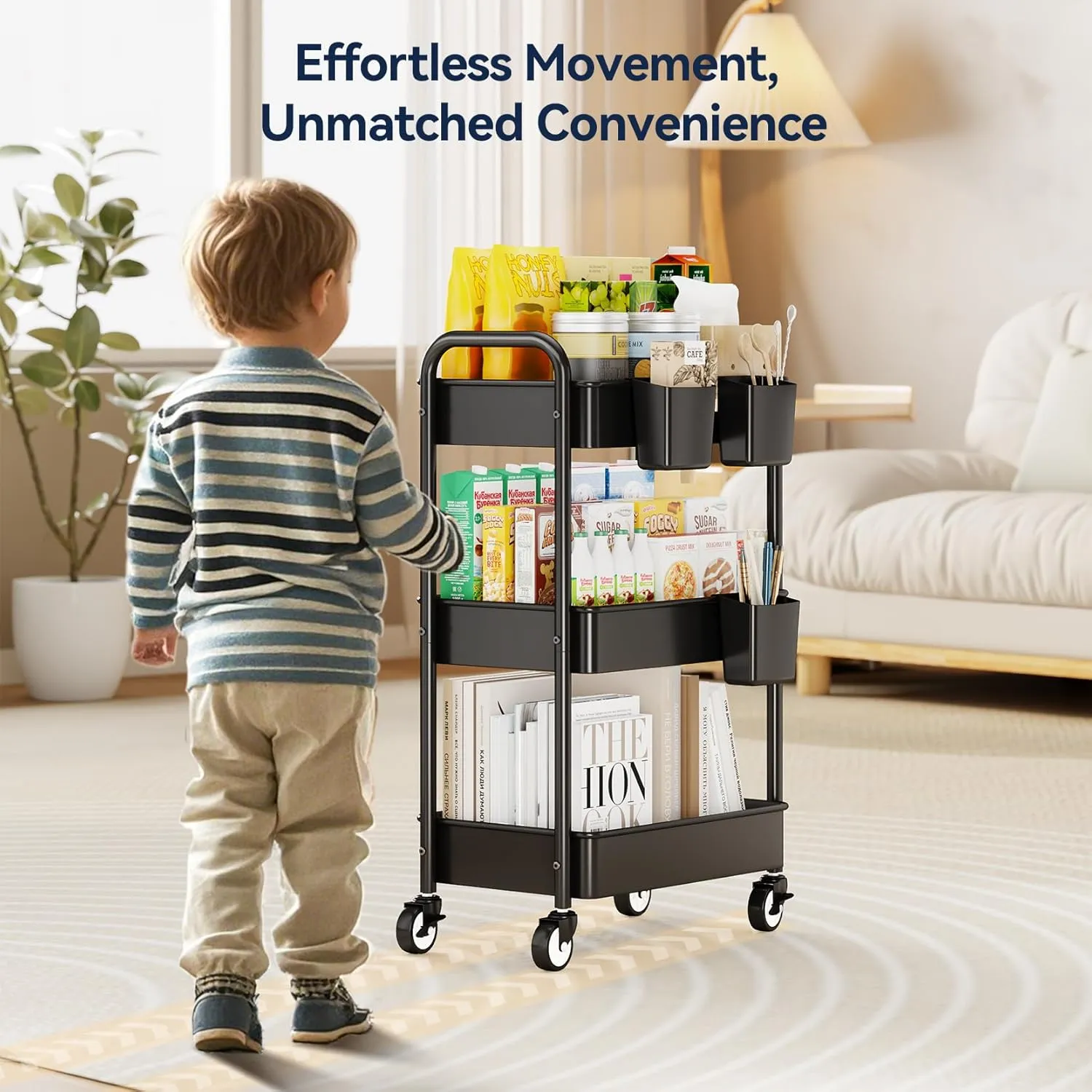 YASONIC 3 Tier Rolling Cart - Metal Utility Cart with Wheels, Hanging Cups, Hooks, Heavy Duty Mesh Rolling Storage Cart Organizer, Craft Cart for Kitchen Office, Lightweight and Sturdy