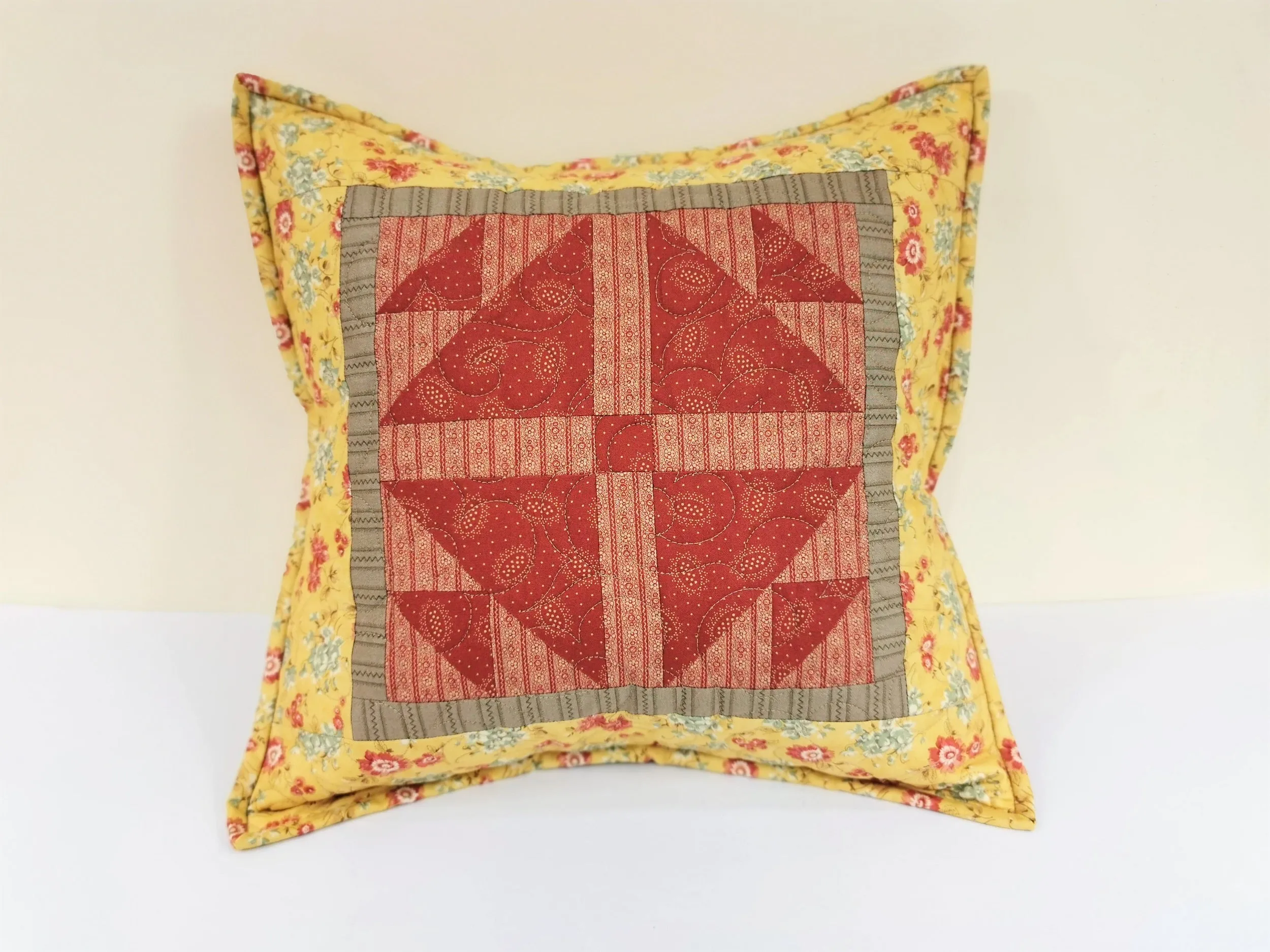 Yellow and Red Floral Throw Pillow, 16 inch square
