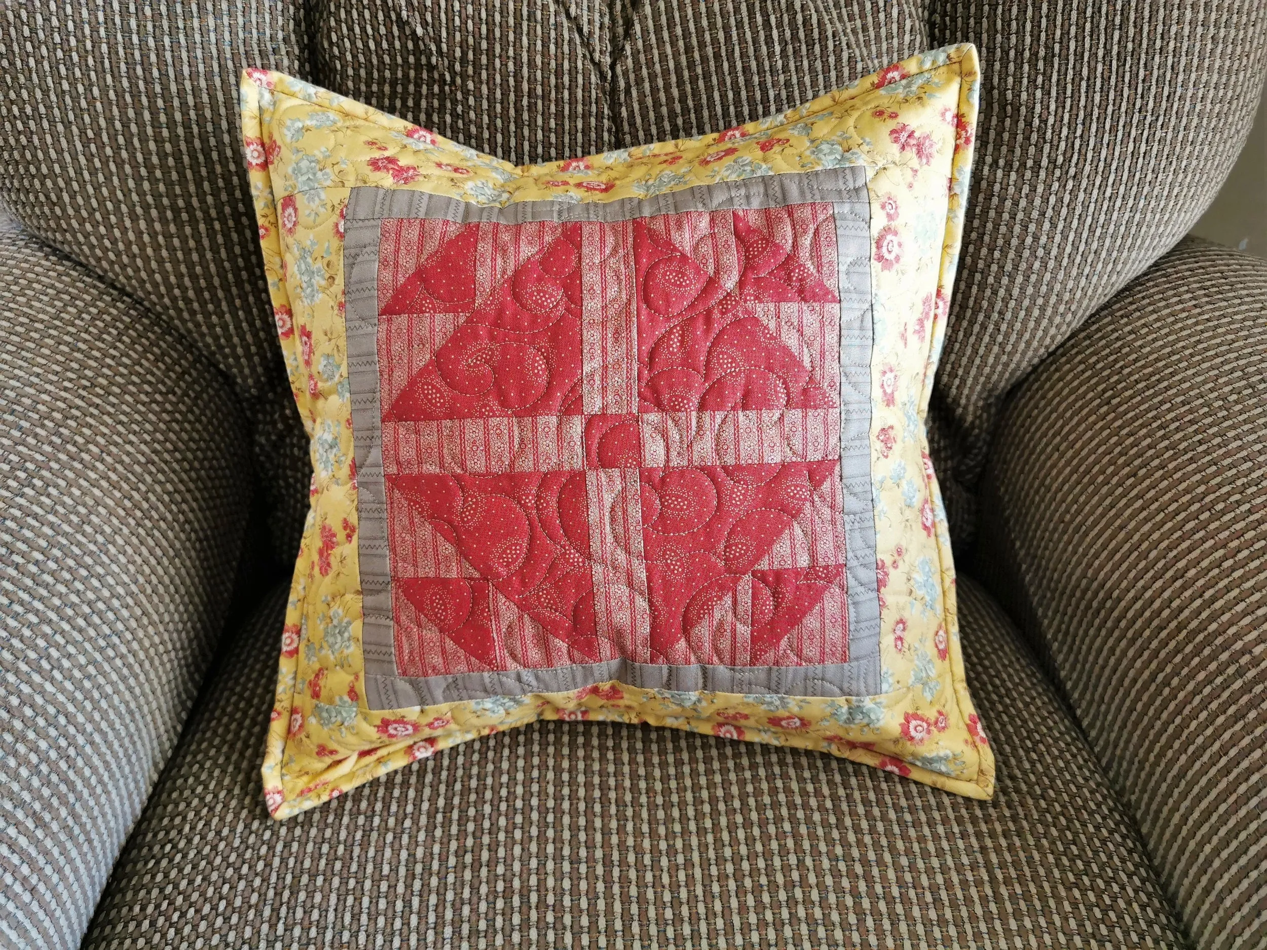 Yellow and Red Floral Throw Pillow, 16 inch square