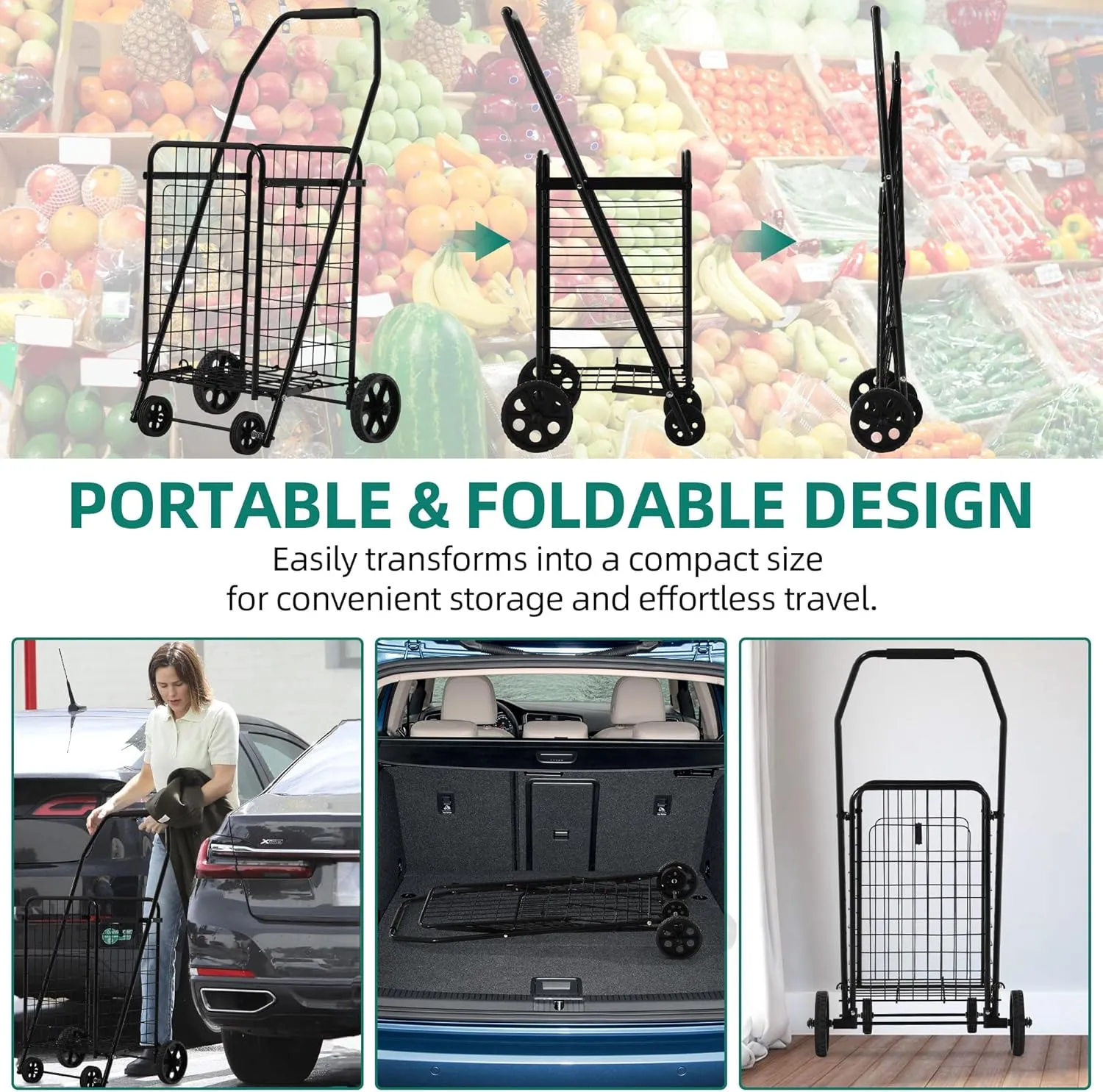 YITAHOME Folding Shopping Cart with Wheels, Portable Collapsible Grocery Cart for Seniors, Rolling Utility Cart for Laundry, Storage & Organizer (Foldable, Easy Carry)