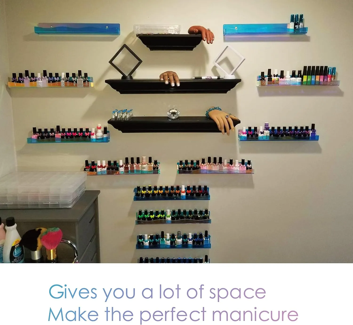 YMVV 15" Nail Polish Rack Wall Mounted Shelf,6 Pack Clear Rainbow Iridescent Acrylic Organizer Nail Supplies for Nail Techs,Great Display for Salons Retailers