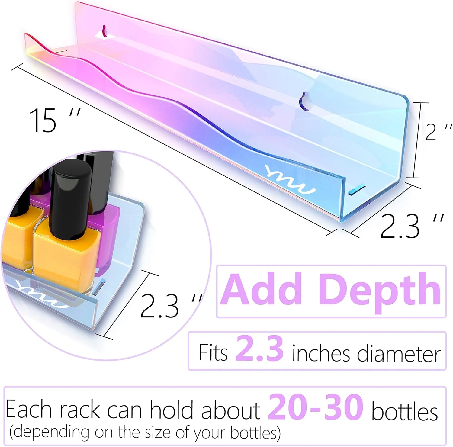 YMVV Iridescent Acrylic Nail Polish Wall Racks,15" Increased Width Clear Rainbow Wall Mounted Shelves Nail Polish Organizer,Sunglasses Essential Oil Storage Shelf Display 6 Pack