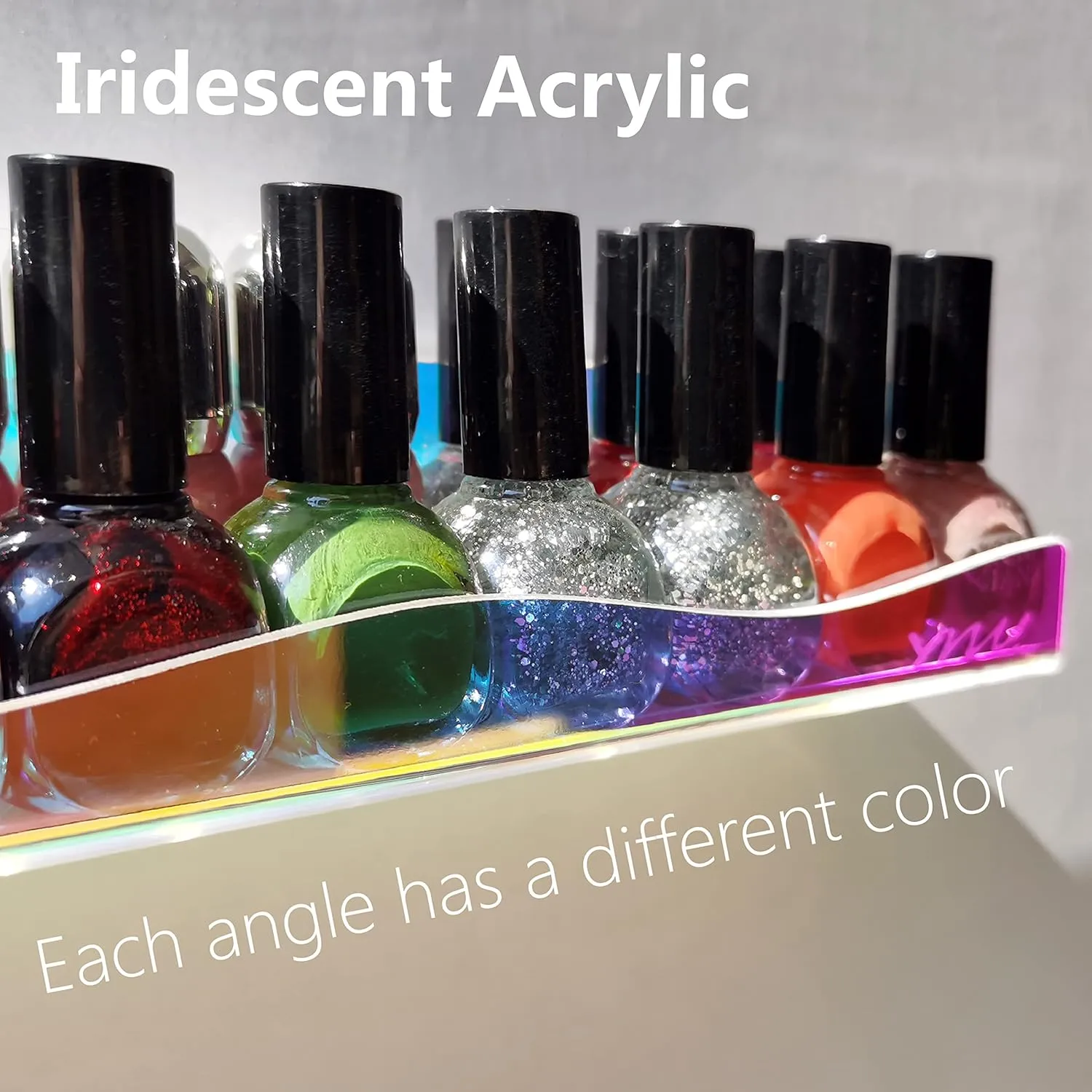 YMVV Iridescent Acrylic Nail Polish Wall Racks,15" Increased Width Clear Rainbow Wall Mounted Shelves Nail Polish Organizer,Sunglasses Essential Oil Storage Shelf Display 6 Pack