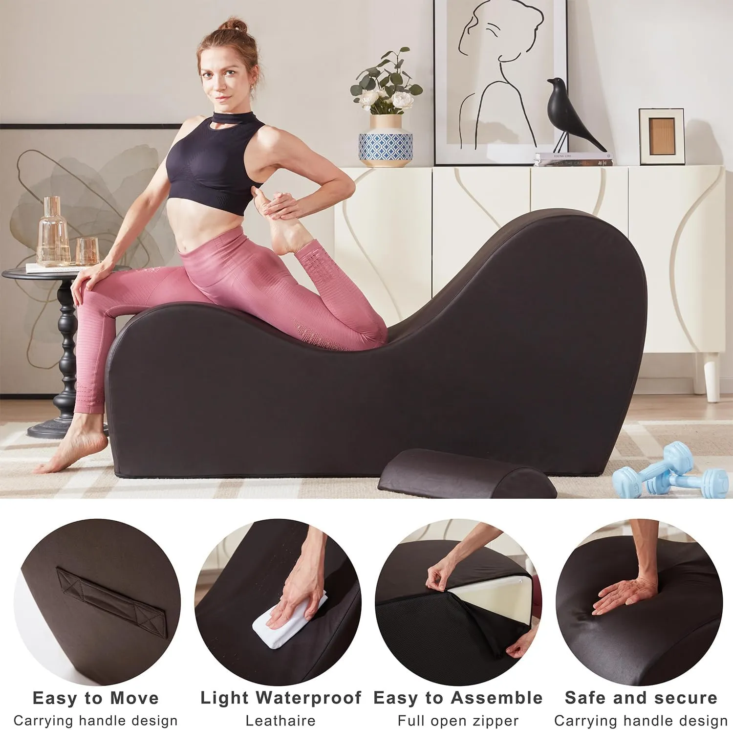 Yoga Chaise Lounge Chair for Stretching Relaxation Exercise, Ergonomic S Curved Chaise Lounge, Full High-Density Foam Filled Yoga Chair for Indoor Living Room Bedroom Lounge, Black-Easy Clean