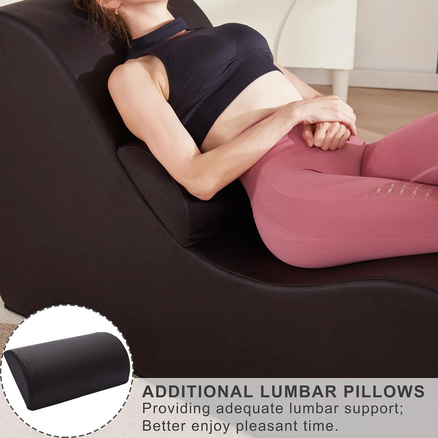 Yoga Chaise Lounge Chair for Stretching Relaxation Exercise, Ergonomic S Curved Chaise Lounge, Full High-Density Foam Filled Yoga Chair for Indoor Living Room Bedroom Lounge, Black-Easy Clean