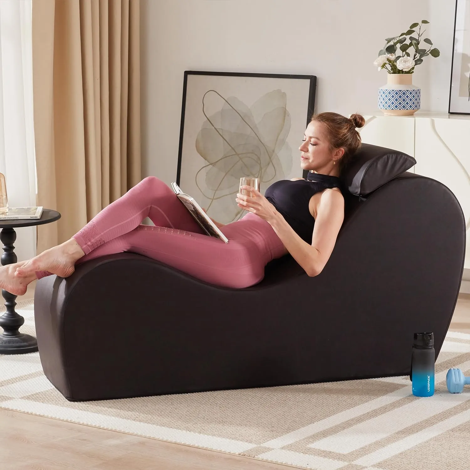 Yoga Chaise Lounge Chair for Stretching Relaxation Exercise, Ergonomic S Curved Chaise Lounge, Full High-Density Foam Filled Yoga Chair for Indoor Living Room Bedroom Lounge, Black-Easy Clean