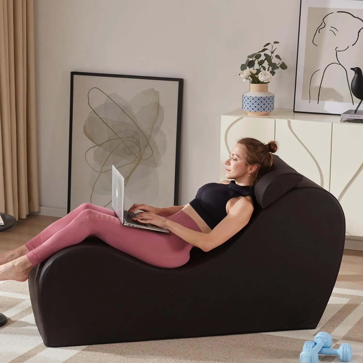 Yoga Chaise Lounge Chair for Stretching Relaxation Exercise, Ergonomic S Curved Chaise Lounge, Full High-Density Foam Filled Yoga Chair for Indoor Living Room Bedroom Lounge, Black-Easy Clean