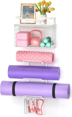 Yoga Mat Holder White, Wall Mount Yoga Accessory Mats Storage Rack, Home Gym Accessories Organizer Storage With Wood Floating Shelves, 4 Hooks Hanging Yoga Strap & Resistance Bands