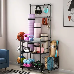 Yoga Mat Storage Rack Home Gym Storage Yoga Mat Rack Weight Rack for Dumbbells, All in One Heavy Duty Workout Equipment Storage Organizer with Lockable Wheels and Hooks