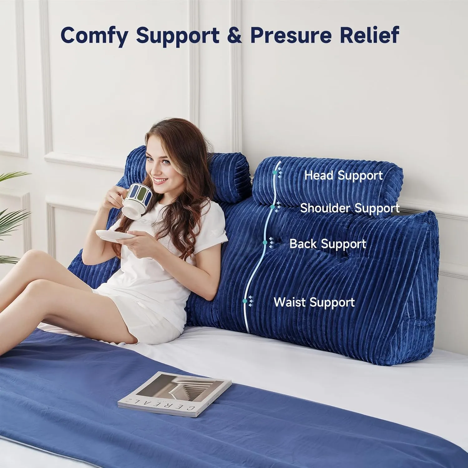 Z-hom King Size Pillow Headboard with 2 Roll Pillow, Triangular Wedge Headboard Pillow, Large Reading Pillow Bed Reading Pillow for Bed Sitting Up Sleeping, Backrest Pillow for Back Pain Relief, Blue