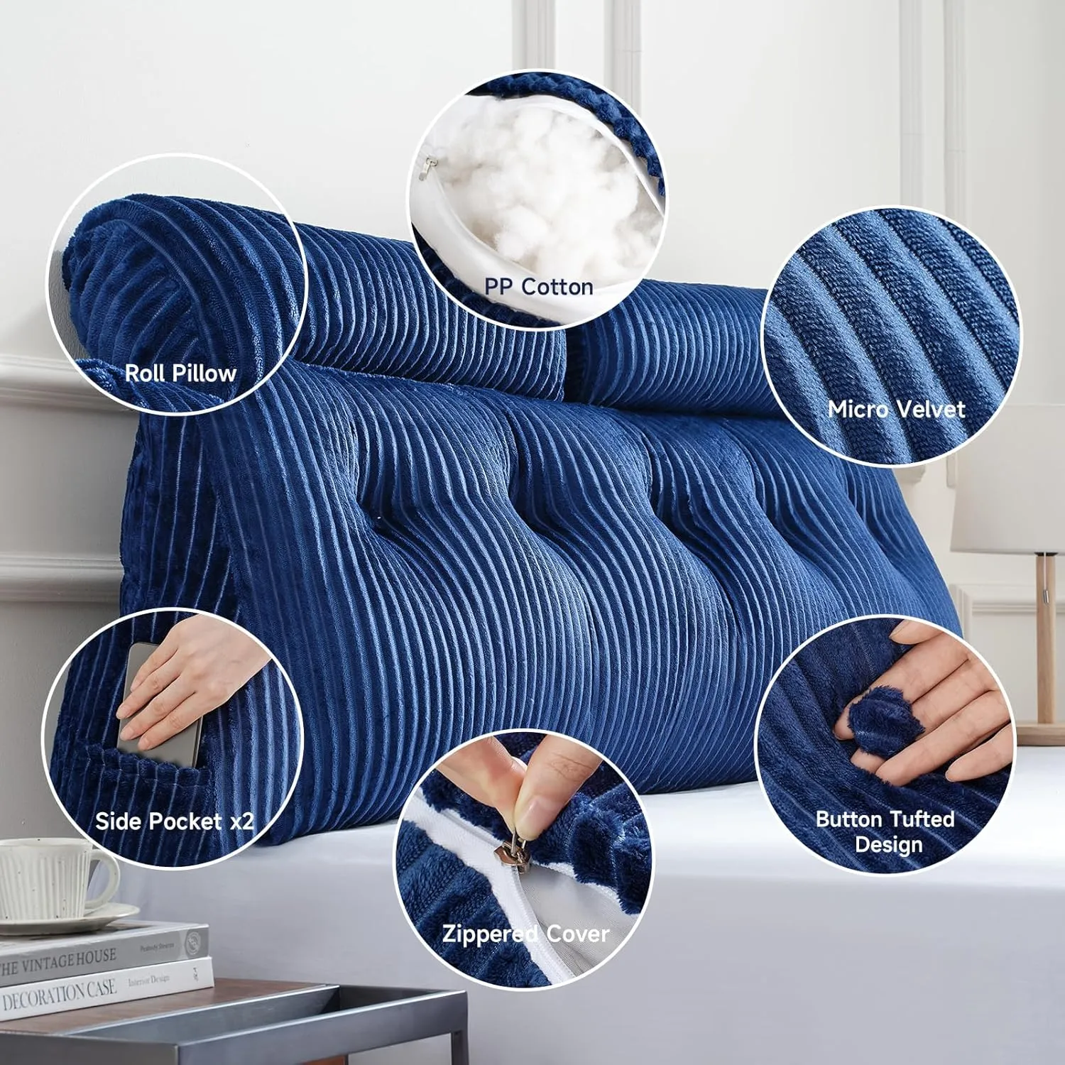 Z-hom King Size Pillow Headboard with 2 Roll Pillow, Triangular Wedge Headboard Pillow, Large Reading Pillow Bed Reading Pillow for Bed Sitting Up Sleeping, Backrest Pillow for Back Pain Relief, Blue