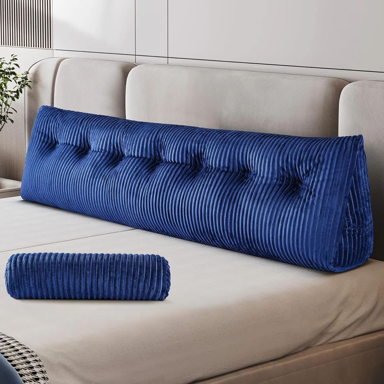 Z-hom King Size Pillow Headboard with 2 Roll Pillow, Triangular Wedge Headboard Pillow, Large Reading Pillow Bed Reading Pillow for Bed Sitting Up Sleeping, Backrest Pillow for Back Pain Relief, Blue