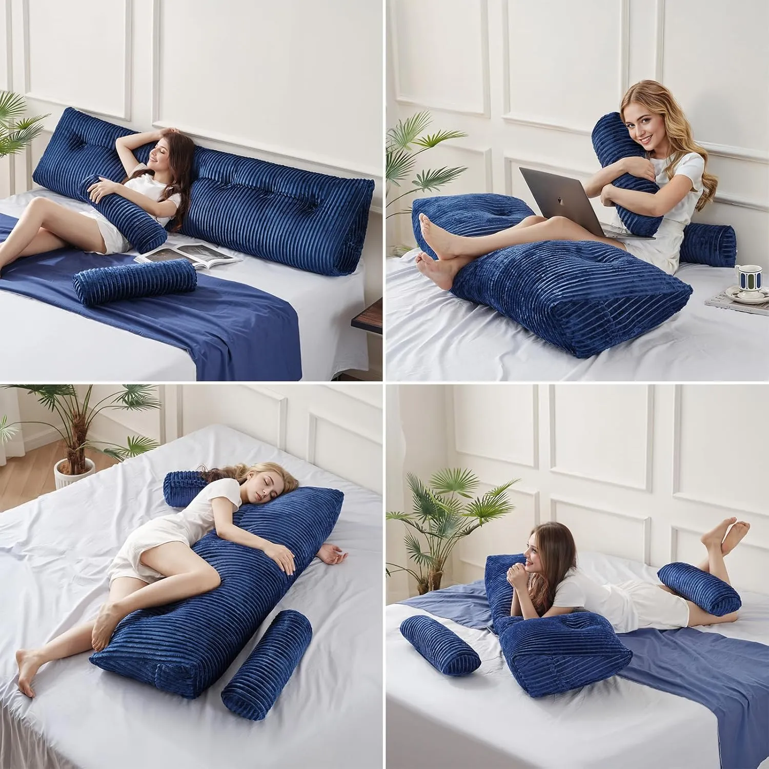Z-hom King Size Pillow Headboard with 2 Roll Pillow, Triangular Wedge Headboard Pillow, Large Reading Pillow Bed Reading Pillow for Bed Sitting Up Sleeping, Backrest Pillow for Back Pain Relief, Blue