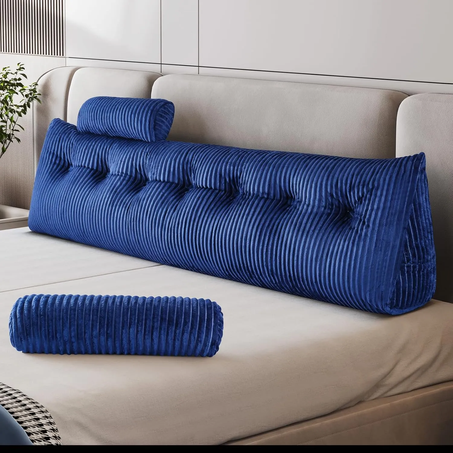 Z-hom King Size Pillow Headboard with 2 Roll Pillow, Triangular Wedge Headboard Pillow, Large Reading Pillow Bed Reading Pillow for Bed Sitting Up Sleeping, Backrest Pillow for Back Pain Relief, Blue