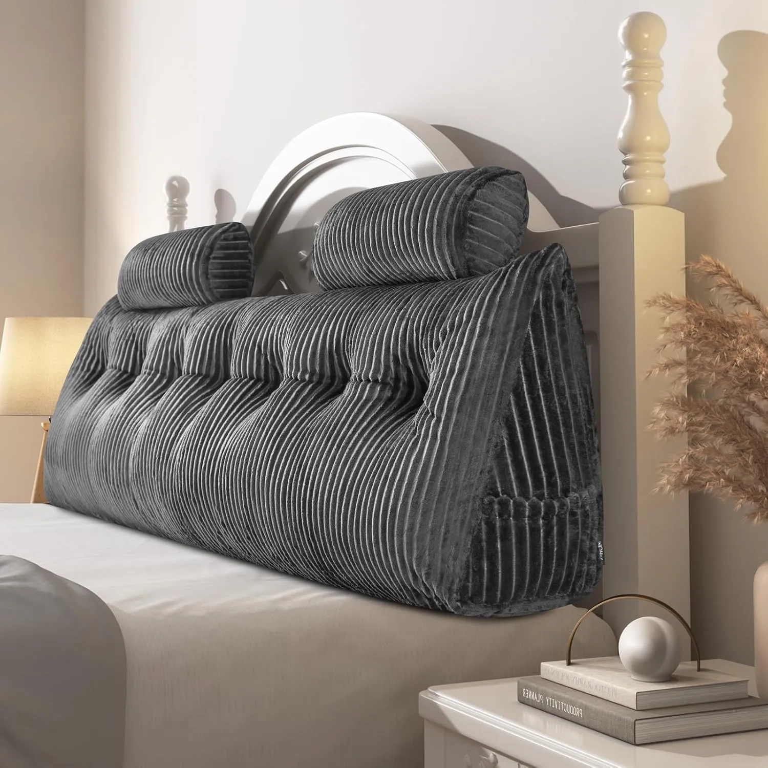 Z-hom King Size Pillow Headboard with 2 Roll Pillow, Triangular Wedge Headboard Pillow, Large Reading Pillow Bed Reading Pillow for Bed Sitting Up Sleeping, Backrest Pillow for Back Pain Relief, Grey